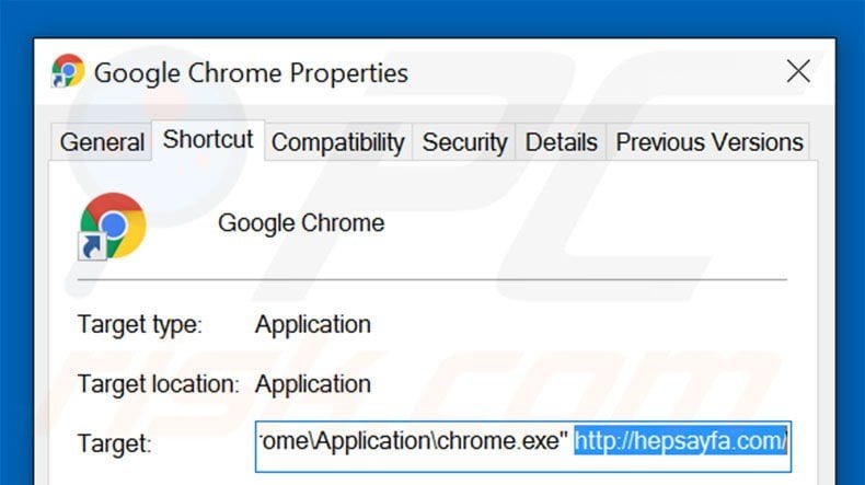 Removing hepsayfa.com from Google Chrome shortcut target step 2