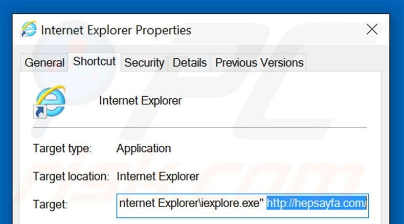 Removing hepsayfa.com from Internet Explorer shortcut target step 2