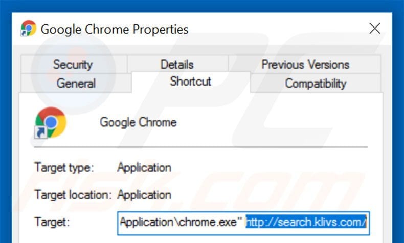 Removing search.klivs.com from Google Chrome shortcut target step 2