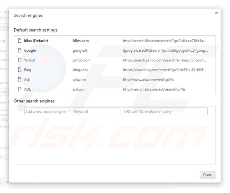Removing search.klivs.com from Google Chrome default search engine
