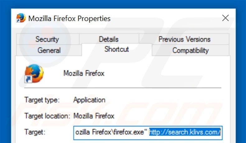 Removing search.klivs.com from Mozilla Firefox shortcut target step 2