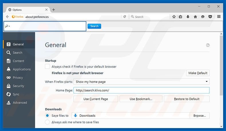 Removing search.klivs.com from Mozilla Firefox homepage