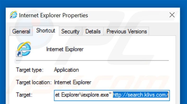 Removing search.klivs.com from Internet Explorer shortcut target step 2