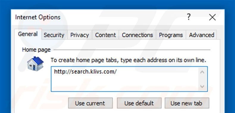 Removing search.klivs.com from Internet Explorer homepage