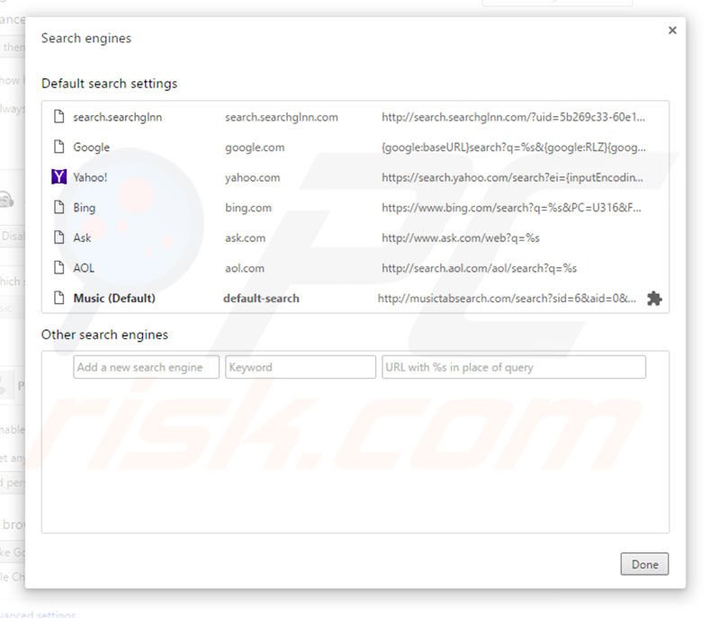 Removing musictabsearch.com from Google Chrome default search engine