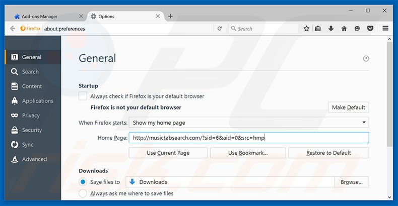 Removing musictabsearch.com from Mozilla Firefox homepage
