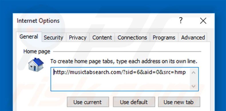 Removing musictabsearch.com from Internet Explorer homepage