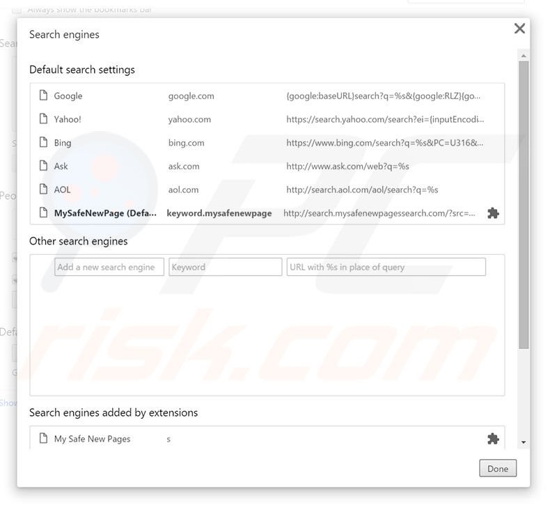 Removing search.mysafenewpagessearch.com from Google Chrome default search engine