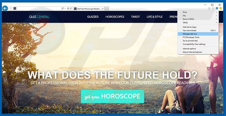 Removing QuizCrystal ads from Internet Explorer step 1