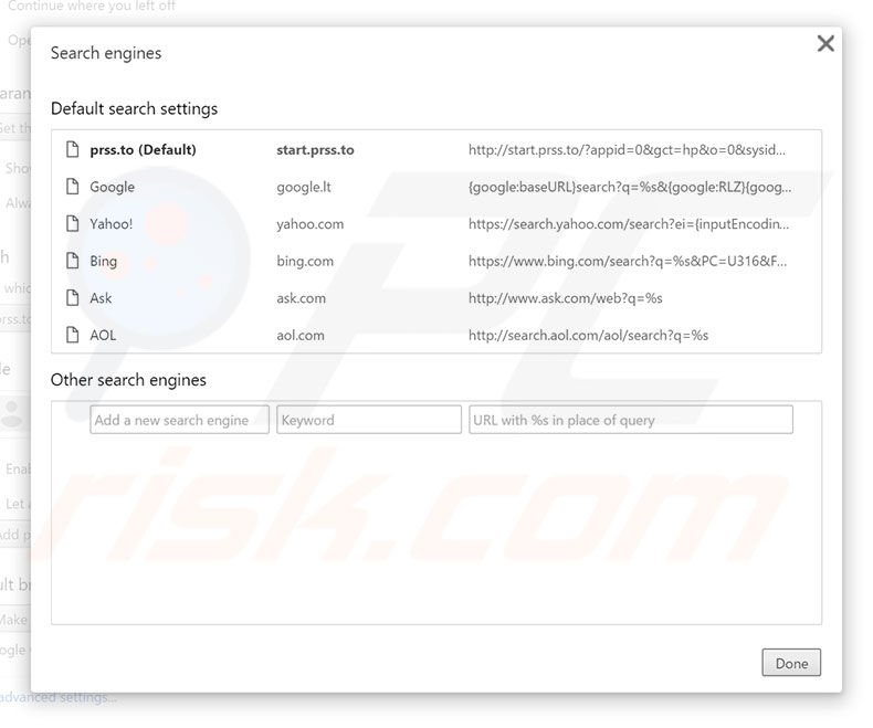 Removing start.prss.to from Google Chrome default search engine