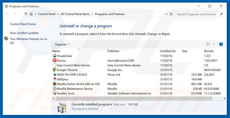 start.prss.to browser hijacker uninstall via Control Panel