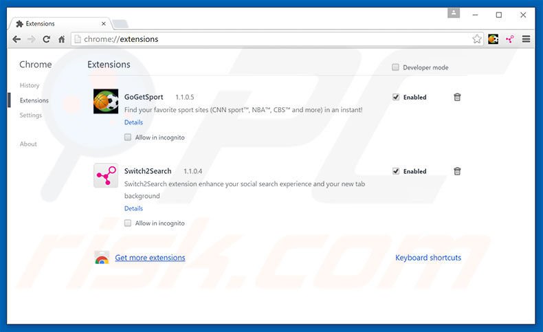 Removing switch2search.com related Google Chrome extensions