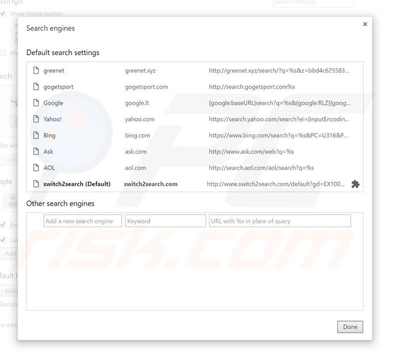 Removing switch2search.com from Google Chrome default search engine