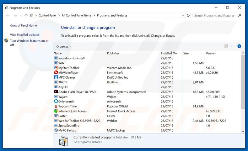 switch2search.com browser hijacker uninstall via Control Panel