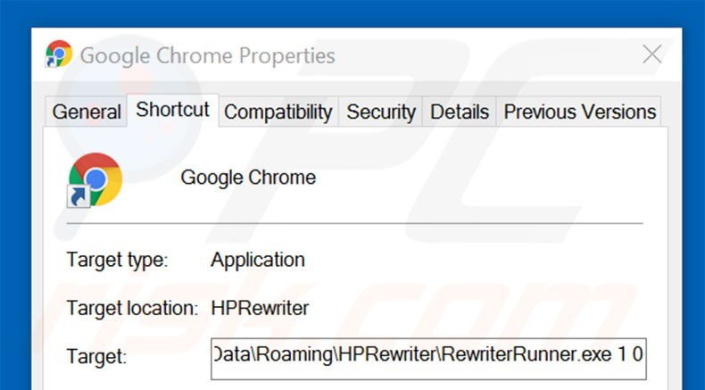 Removing thraflabe-rs.ru from Google Chrome shortcut target step 2