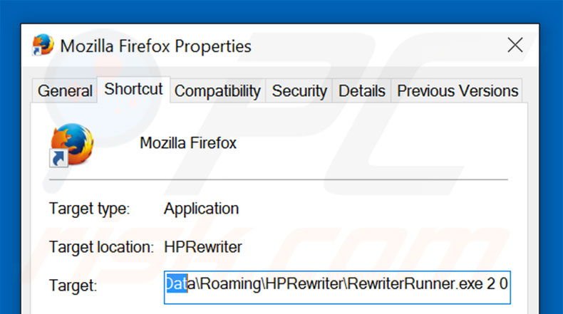 Removing thraflabe-rs.ru from Mozilla Firefox shortcut target step 2