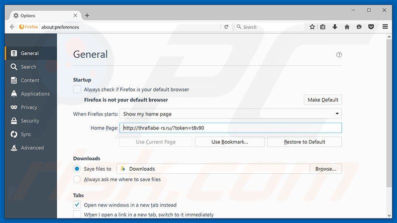 Removing thraflabe-rs.ru from Mozilla Firefox homepage