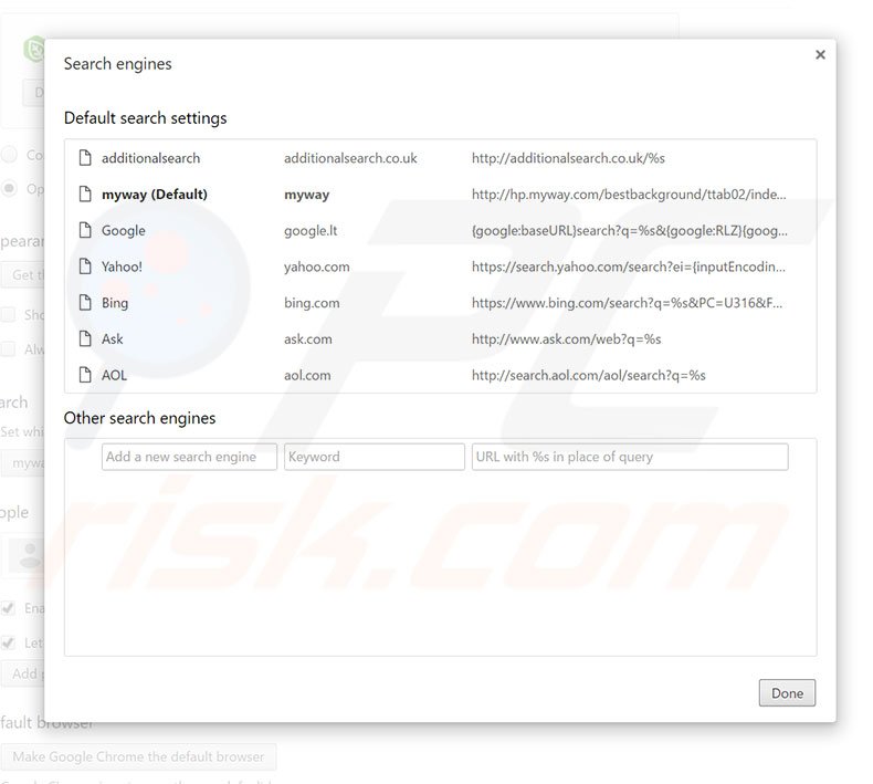 Removing hp.myway.com from Google Chrome default search engine