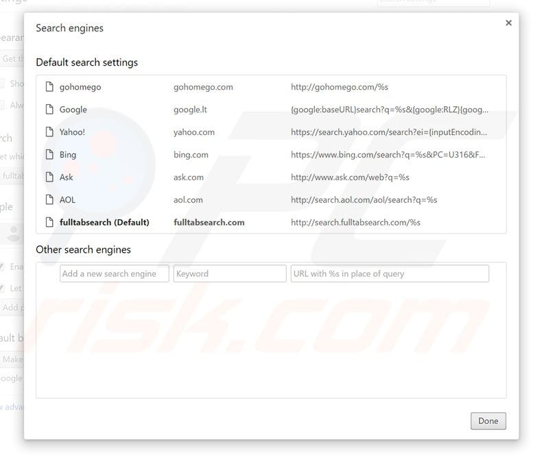 Removing search.fulltabsearch.com from Google Chrome default search engine