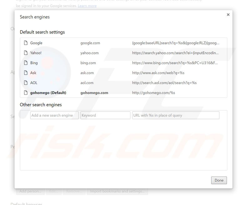 Removing gohomego.com from Google Chrome default search engine