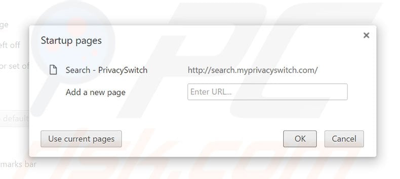 Removing search.myprivacyswitch.com from Google Chrome homepage