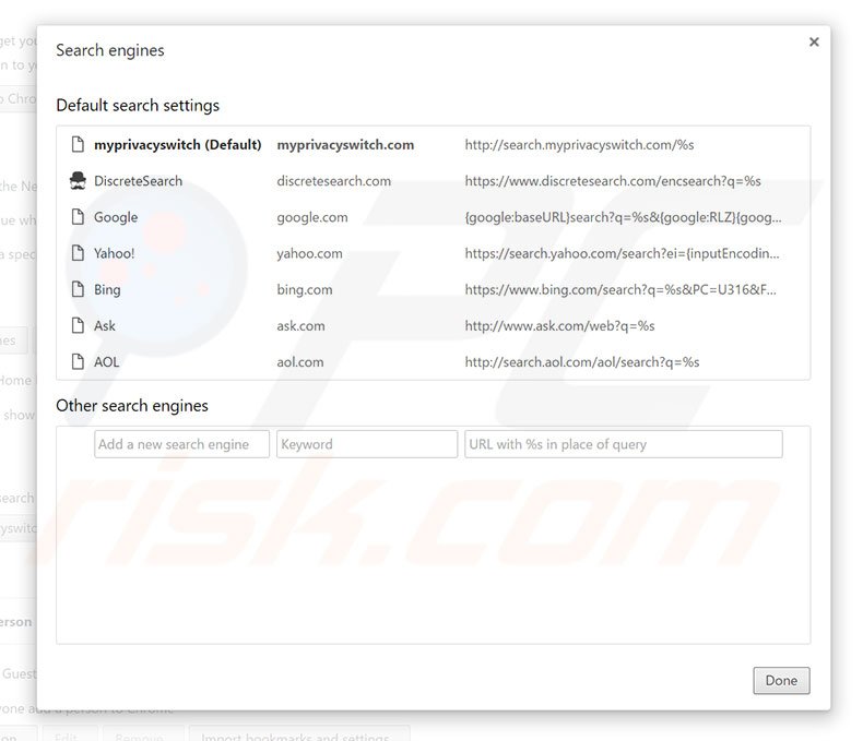 Removing search.myprivacyswitch.com from Google Chrome default search engine