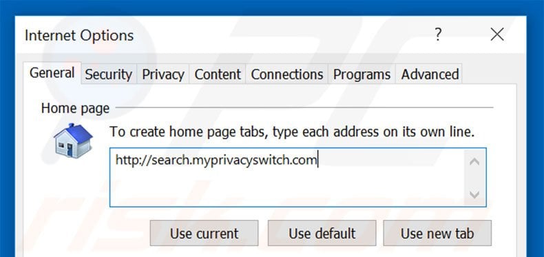 Removing search.myprivacyswitch.com from Internet Explorer homepage