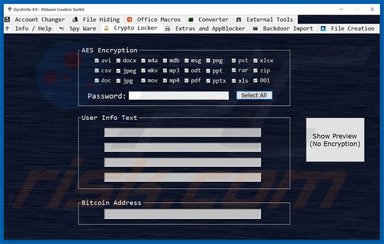 Dynamite Malware Creation Kit creation tab