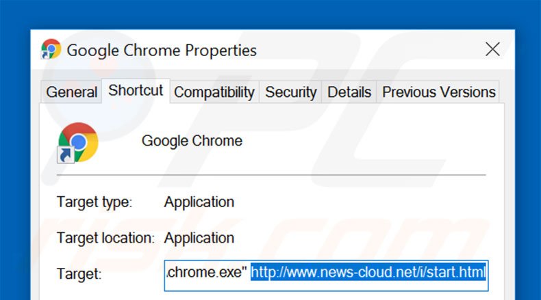 Removing news-cloud.net from Google Chrome shortcut target step 2