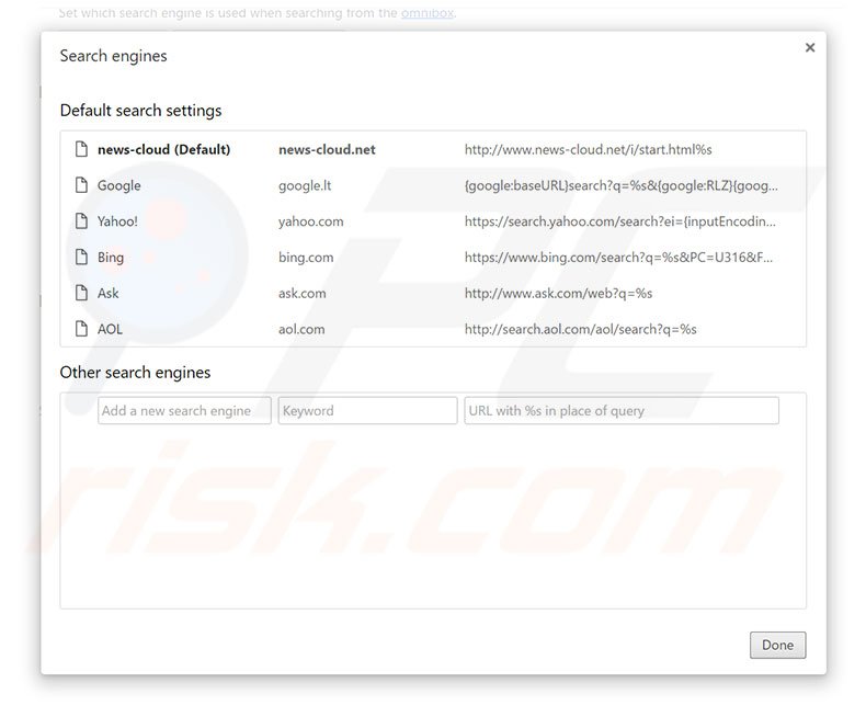 Removing news-cloud.net from Google Chrome default search engine