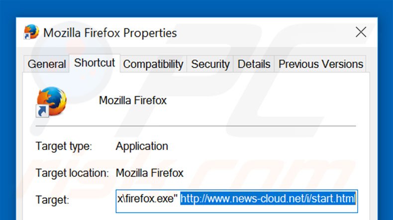 Removing news-cloud.net from Mozilla Firefox shortcut target step 2