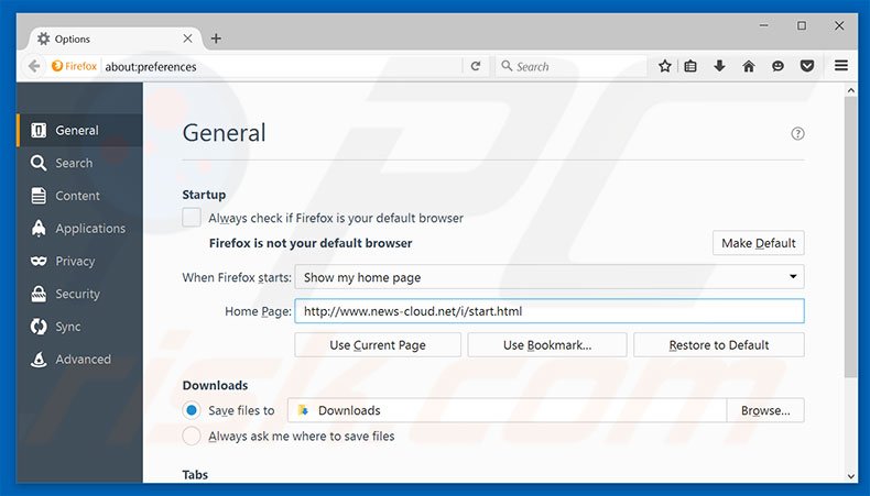 Removing news-cloud.net from Mozilla Firefox homepage