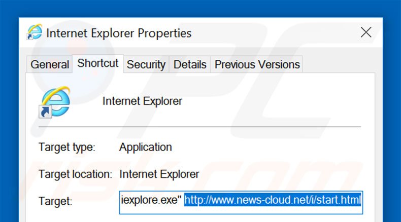 Removing news-cloud.net from Internet Explorer shortcut target step 2