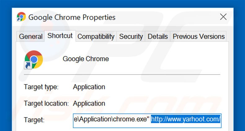 Removing yarhoot.com from Google Chrome shortcut target step 2