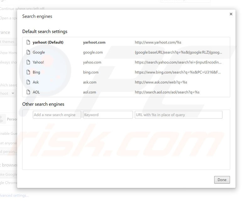 Removing yarhoot.com from Google Chrome default search engine