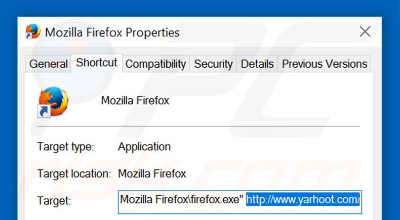 Removing yarhoot.com from Mozilla Firefox shortcut target step 2