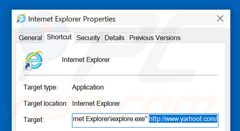 Removing yarhoot.com from Internet Explorer shortcut target step 2