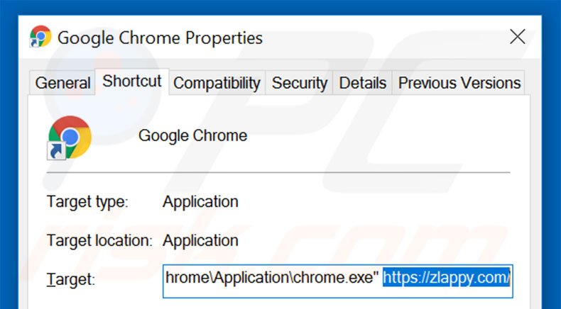 Removing zlappy.com from Google Chrome shortcut target step 2