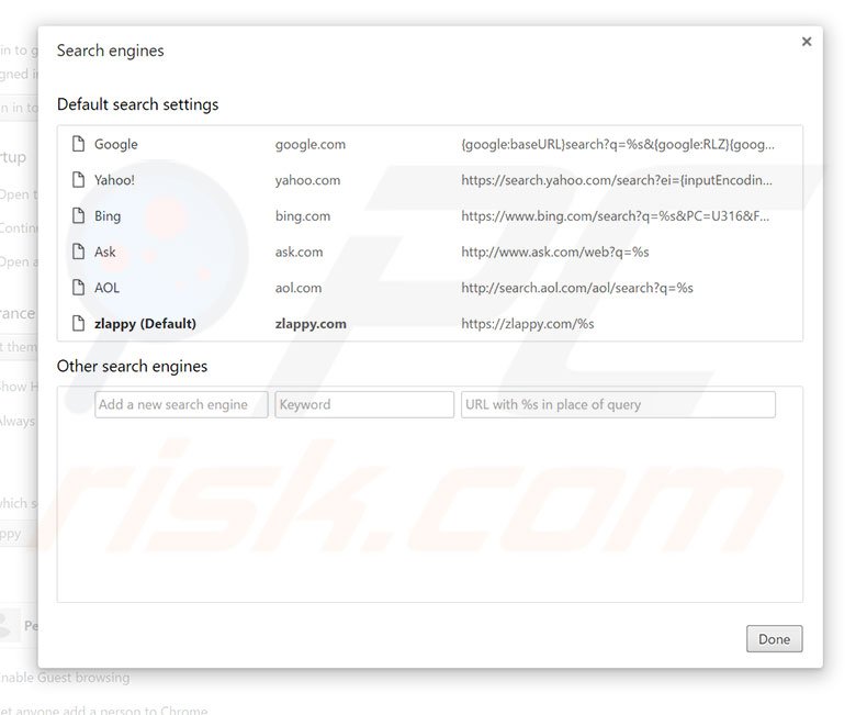 Removing zlappy.com from Google Chrome default search engine