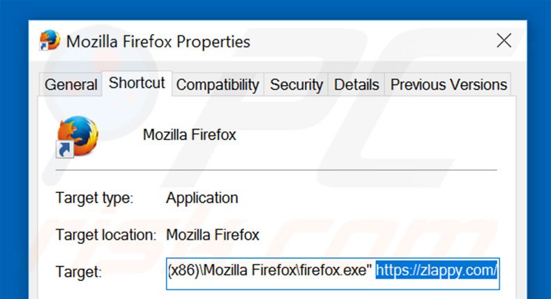 Removing zlappy.com from Mozilla Firefox shortcut target step 2