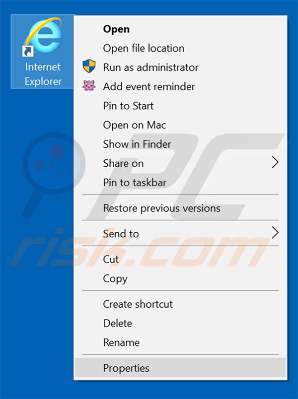 Removing zlappy.com from Internet Explorer shortcut target step 1