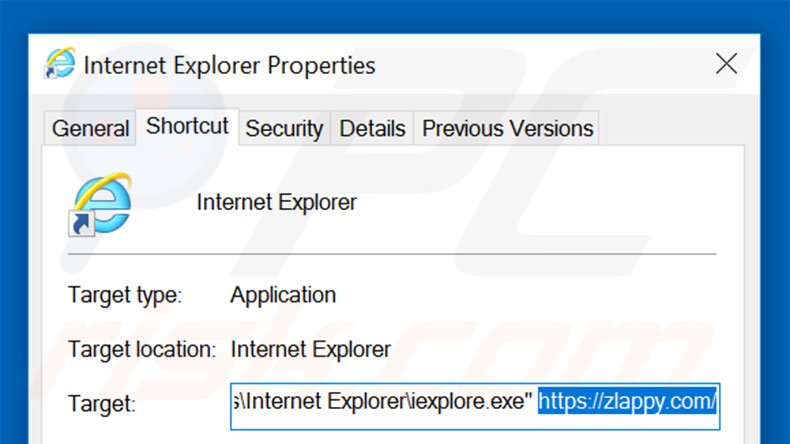 Removing zlappy.com from Internet Explorer shortcut target step 2