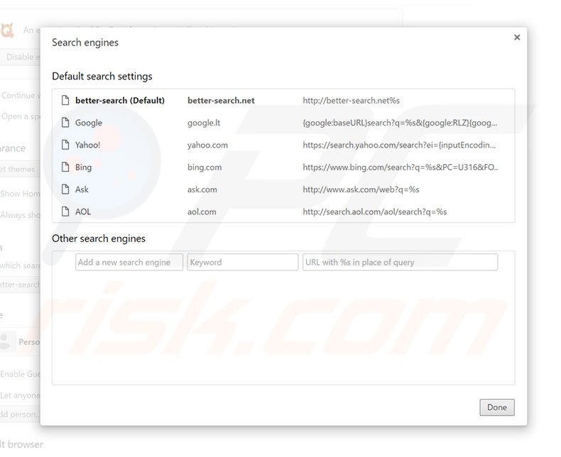 Removing better-search.net from Google Chrome default search engine