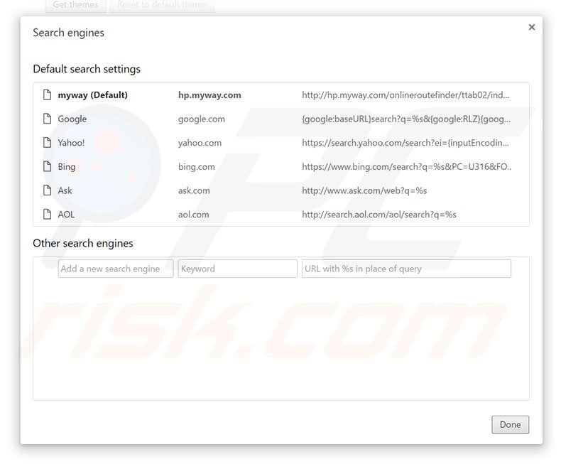 Removing hp.myway.com from Google Chrome default search engine