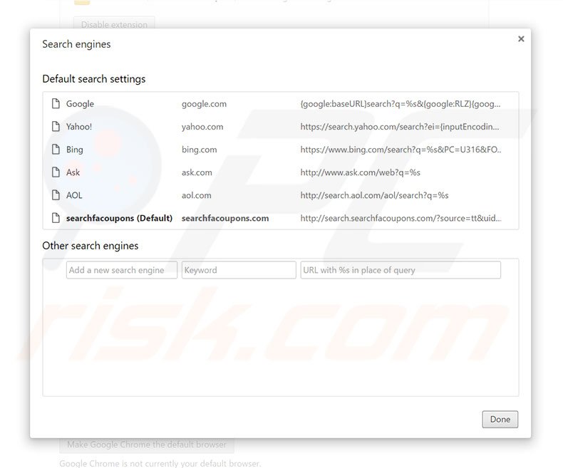 Removing search.searchfacoupons.com from Google Chrome default search engine