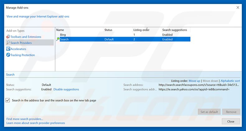 Removing search.searchfacoupons.com from Internet Explorer default search engine