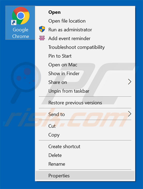 Removing search.downloaderpro.online from Google Chrome shortcut target step 1