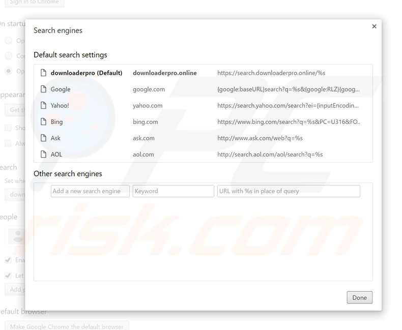 Removing search.downloaderpro.online from Google Chrome default search engine