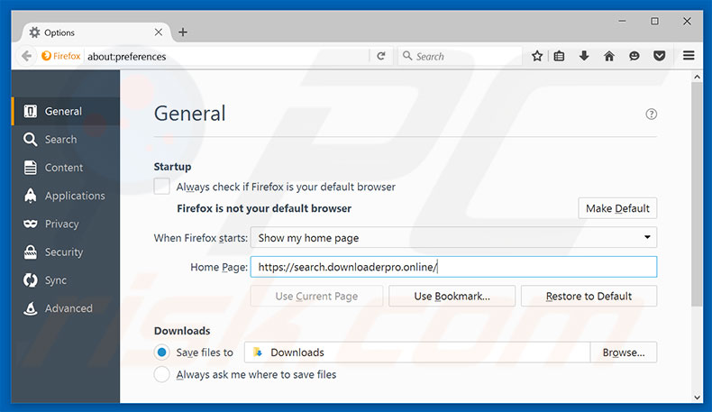 Removing search.downloaderpro.online from Mozilla Firefox homepage