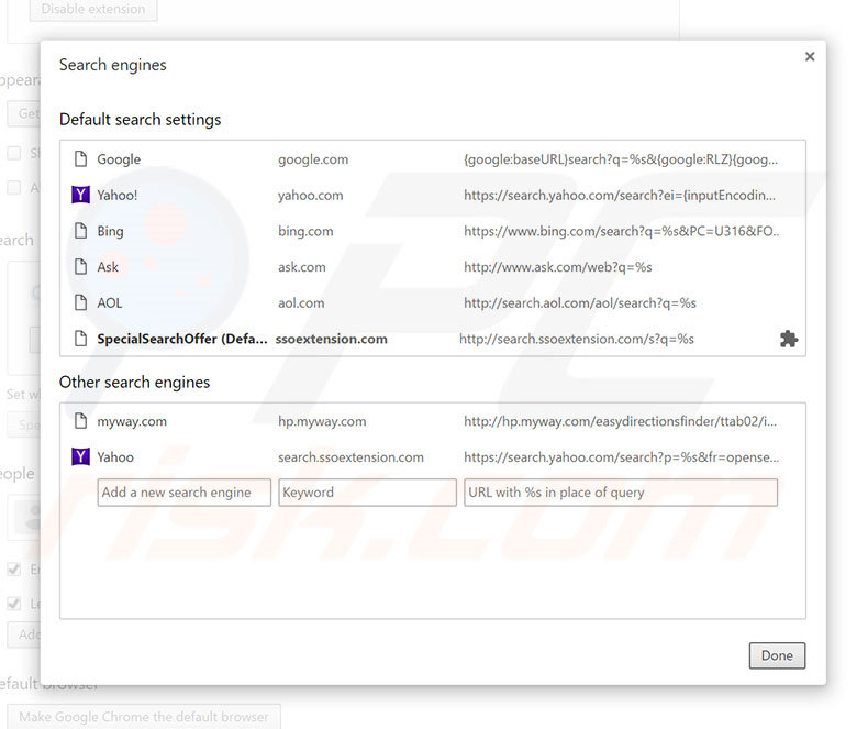 Removing search.ssoextension.com from Google Chrome default search engine